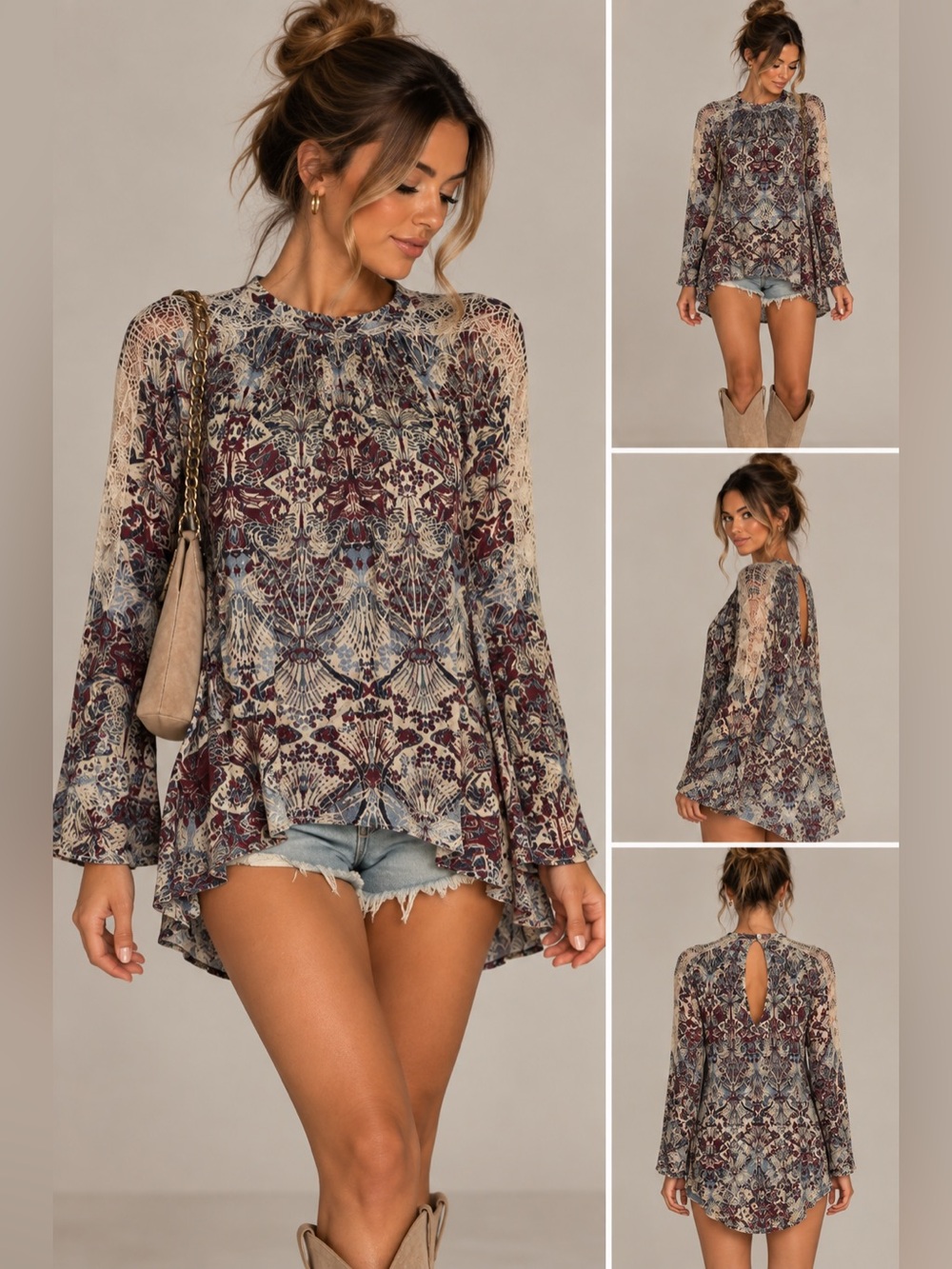 Free People Multi-Patterned Boho Tunic Top - Burgundy, Blue, Cream